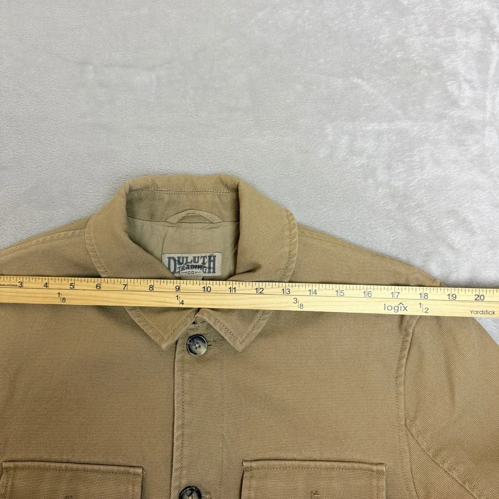 Duluth Trading Blazer Chore Jacket Men M Khaki Canvas Workwear Elbow Patch EUC